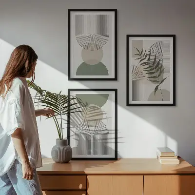 Abstrakčios formos su žaluma 3 paveikslų rinkinys su rėmais