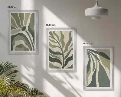 Nudažytų žalių lapų iliustracijos 3 paveikslų rinkinys su rėmais