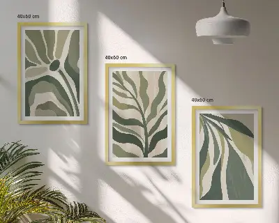 Nudažytų žalių lapų iliustracijos 3 paveikslų rinkinys su rėmais