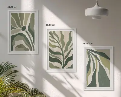 Nudažytų žalių lapų iliustracijos 3 paveikslų rinkinys su rėmais