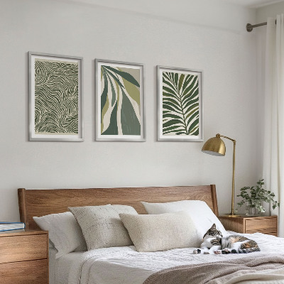 3 paveikslų rinkinys su rėmais Lapai banguotomis linijomis žali