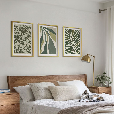 3 paveikslų rinkinys su rėmais Lapai banguotomis linijomis žali