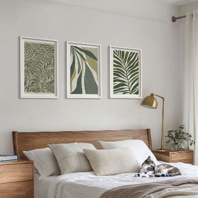 3 paveikslų rinkinys su rėmais Lapai banguotomis linijomis žali