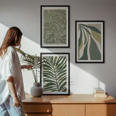 3 paveikslų rinkinys su rėmais Lapai banguotomis linijomis žali