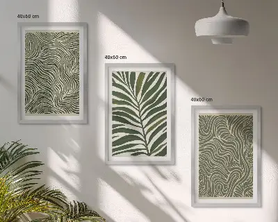 Lapų raštų banguotų formų paveikslų rinkinys 3 dalių komplektas su rėmais