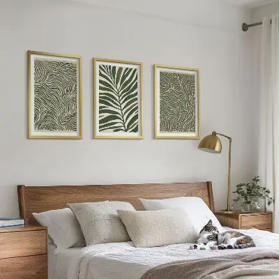 Lapų raštų banguotų formų paveikslų rinkinys 3 dalių komplektas su rėmais