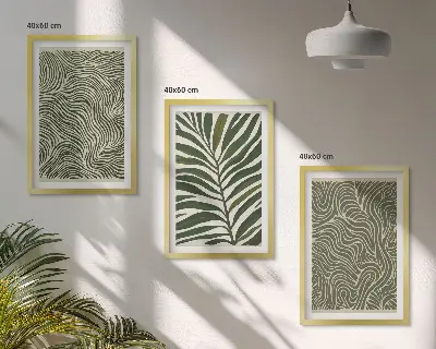 Lapų raštų banguotų formų paveikslų rinkinys 3 dalių komplektas su rėmais