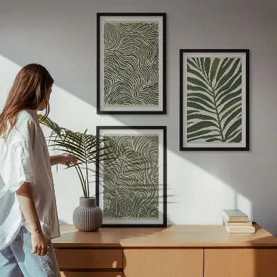 Lapų raštų banguotų formų paveikslų rinkinys 3 dalių komplektas su rėmais