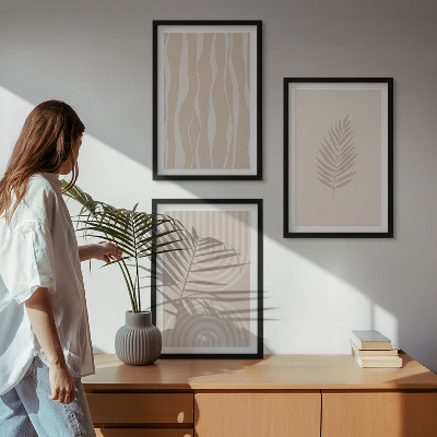 3 paveikslų rinkinys su rėmais Smėlio spalvos augalų raštai
