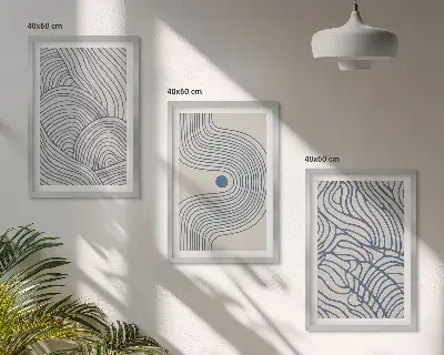 Trijų paveikslų rinkinys su rėmais abstrakčios linijos, bangos ir formos