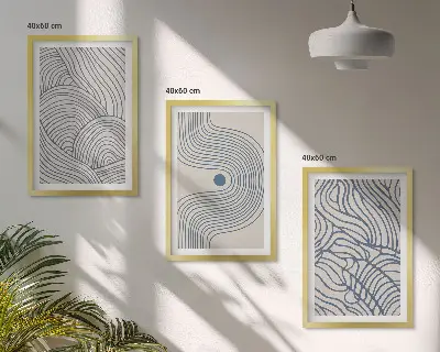 Trijų paveikslų rinkinys su rėmais abstrakčios linijos, bangos ir formos