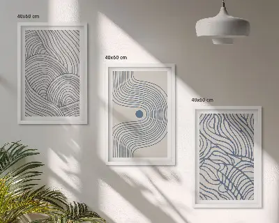 Trijų paveikslų rinkinys su rėmais abstrakčios linijos, bangos ir formos