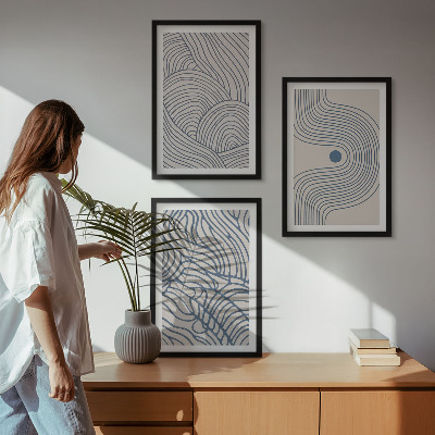 3 paveikslų rinkinys su rėmais Abstrakčios linijos, bangos, formos