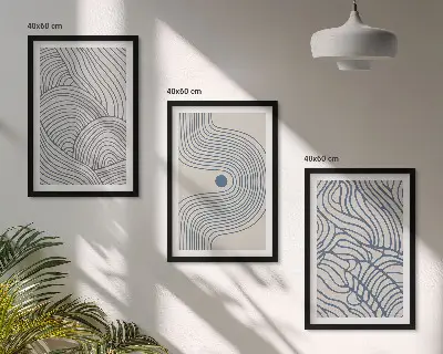 Trijų paveikslų rinkinys su rėmais abstrakčios linijos, bangos ir formos