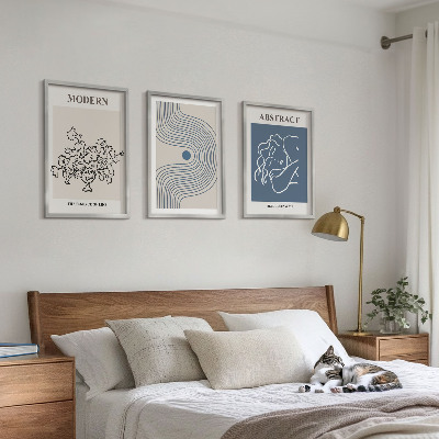 3 paveikslų rinkinys su rėmais Gėlių linijų abstraktūs plakatai