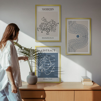 3 paveikslų rinkinys su rėmais Gėlių linijų abstraktūs plakatai