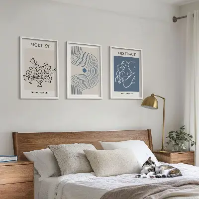 Abstraktūs gėlių linijų plakatai 3 paveikslų rinkinys su rėmais