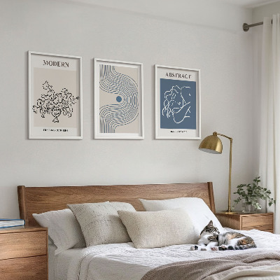 3 paveikslų rinkinys su rėmais Gėlių linijų abstraktūs plakatai