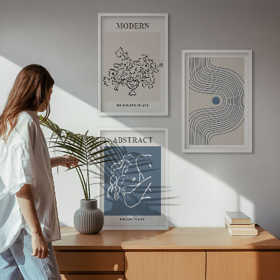 3 paveikslų rinkinys su rėmais Gėlių linijų abstraktūs plakatai
