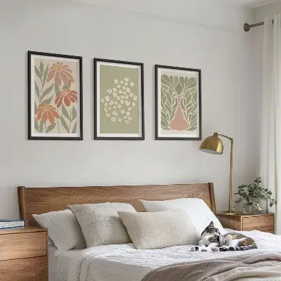Gėlių boho raštų paveikslų rinkinys su rėmais, 3 dalių