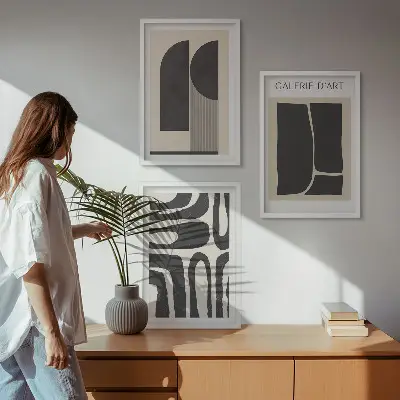 Abstraktūs minimalistiniai plakatai 3 paveikslų rinkinys su rėmais