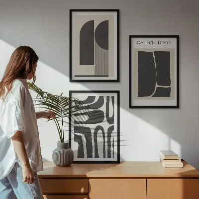 Abstraktūs minimalistiniai plakatai 3 paveikslų rinkinys su rėmais