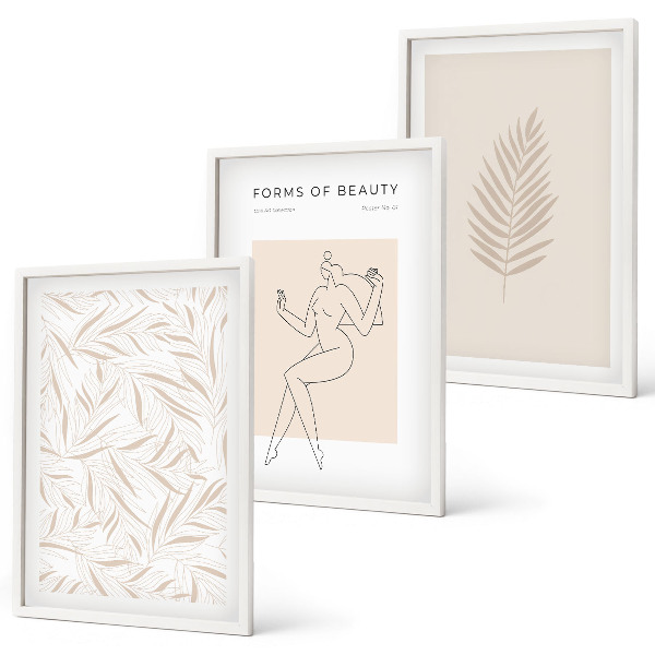 3 paveikslų rinkinys su rėmais Minimalistiniai botaniniai motyvai