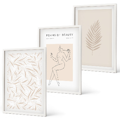 3 paveikslų rinkinys su rėmais Minimalistiniai botaniniai motyvai