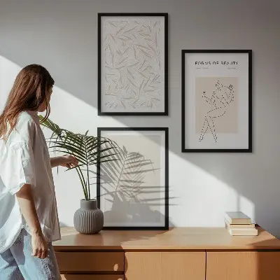 Minimalistiniai botaniniai motyvai 3 paveikslų rinkinys su rėmais