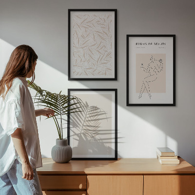 3 paveikslų rinkinys su rėmais Minimalistiniai botaniniai motyvai