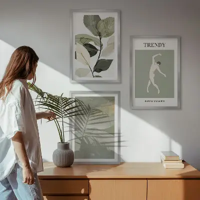 Augalų silueto abstraktūs raštai 3 paveikslų rinkinys su rėmais