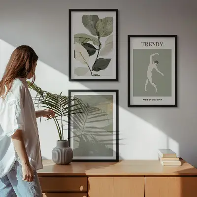 Augalų silueto abstraktūs raštai 3 paveikslų rinkinys su rėmais