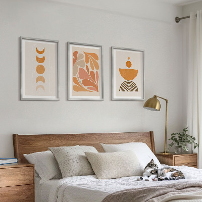 3 paveikslų rinkinys su rėmais Abstrakčios oranžinės formos