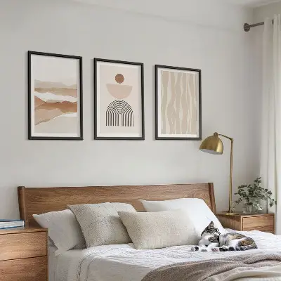 3 paveikslų rinkinys su rėmais abstraktus peizažas su gamtos geometrija