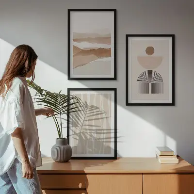3 paveikslų rinkinys su rėmais abstraktus peizažas su gamtos geometrija