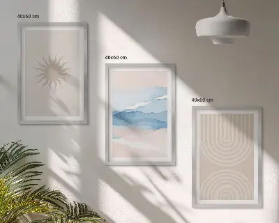 3 paveikslų rinkinys su rėmais saulės bangos abstrakčios pastelinės linijos