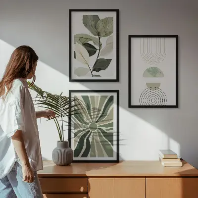 Įrėmintas triptikas augalų motyvai su geometriniais elementais žalios spalvos