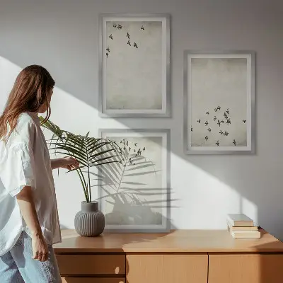 Minimalistinis paukščių piešinys 3 paveikslų rinkinys su rėmais