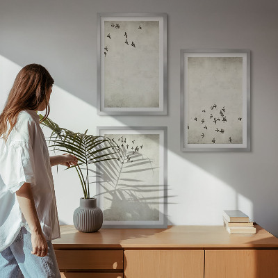 3 paveikslų rinkinys su rėmais Minimalistinis paukščių piešinys