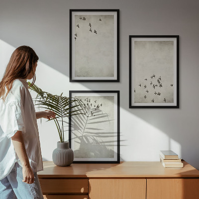 3 paveikslų rinkinys su rėmais Minimalistinis paukščių piešinys