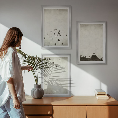 3 paveikslų rinkinys su rėmais Paukščiai skrenda minimalistiniu stiliumi