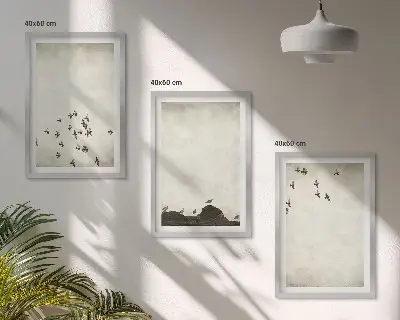 Paveikslų rinkinys „Paukščiai skrenda minimalistiniu stiliumi“ 3 paveikslai su rėmais