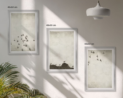 3 paveikslų rinkinys su rėmais Paukščiai skrenda minimalistiniu stiliumi