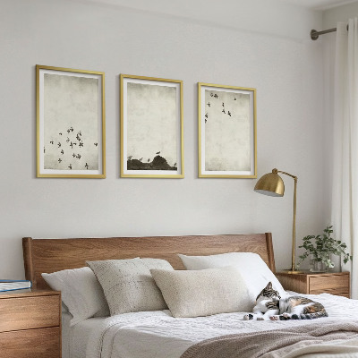3 paveikslų rinkinys su rėmais Paukščiai skrenda minimalistiniu stiliumi