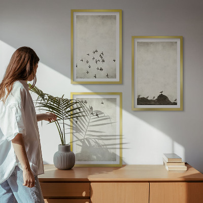 3 paveikslų rinkinys su rėmais Paukščiai skrenda minimalistiniu stiliumi