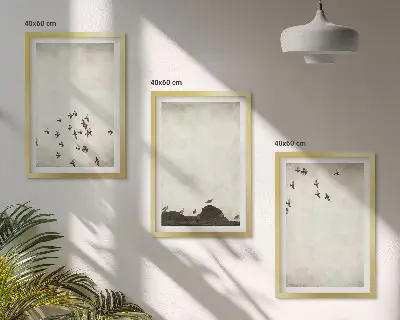 Paveikslų rinkinys „Paukščiai skrenda minimalistiniu stiliumi“ 3 paveikslai su rėmais