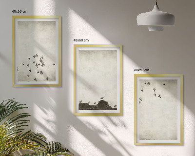 3 paveikslų rinkinys su rėmais Paukščiai skrenda minimalistiniu stiliumi