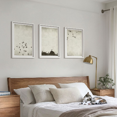 3 paveikslų rinkinys su rėmais Paukščiai skrenda minimalistiniu stiliumi