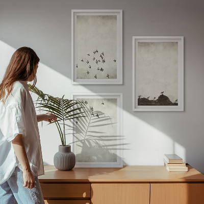 3 paveikslų rinkinys su rėmais Paukščiai skrenda minimalistiniu stiliumi