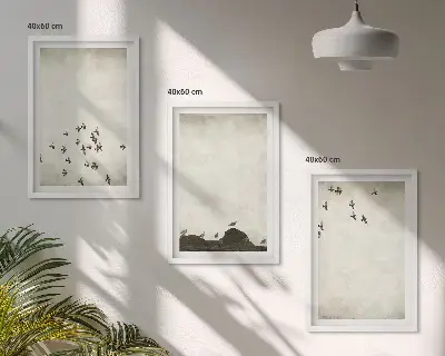 Paveikslų rinkinys „Paukščiai skrenda minimalistiniu stiliumi“ 3 paveikslai su rėmais
